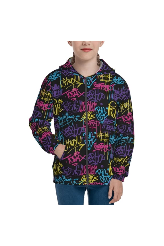 Graffiti Art Teenage Zipper Hoodie, Long Sleeve Zip Up Hoodies Casual Jackets Tops for 7-12 Years-Small