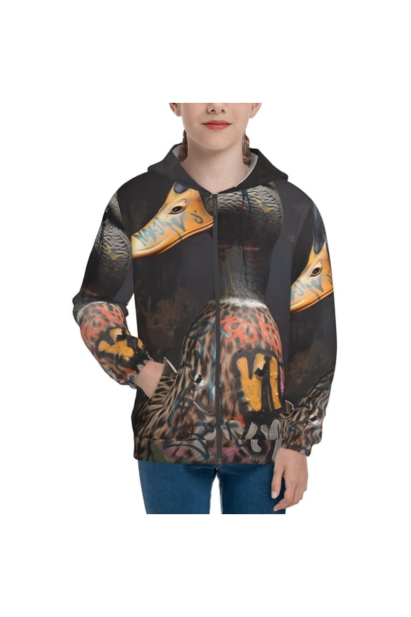 Graffiti Cool Duck Teenage Zipper Hoodie, Long Sleeve Zip Up Hoodies Casual Jackets Tops for 7-12 Years-Small