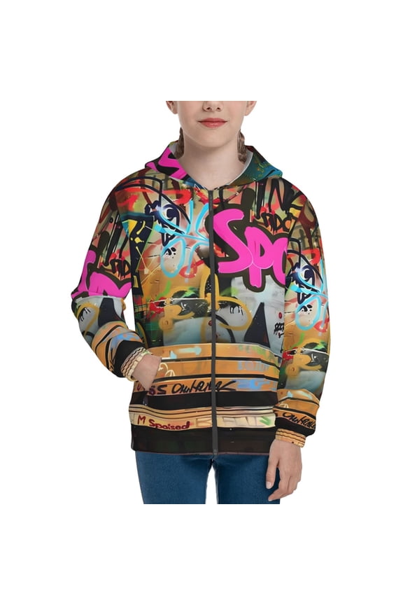 Graffiti Lamp Urban Scene Teenage Zipper Hoodie, Long Sleeve Zip Up Hoodies Casual Jackets Tops for 7-12 Years-