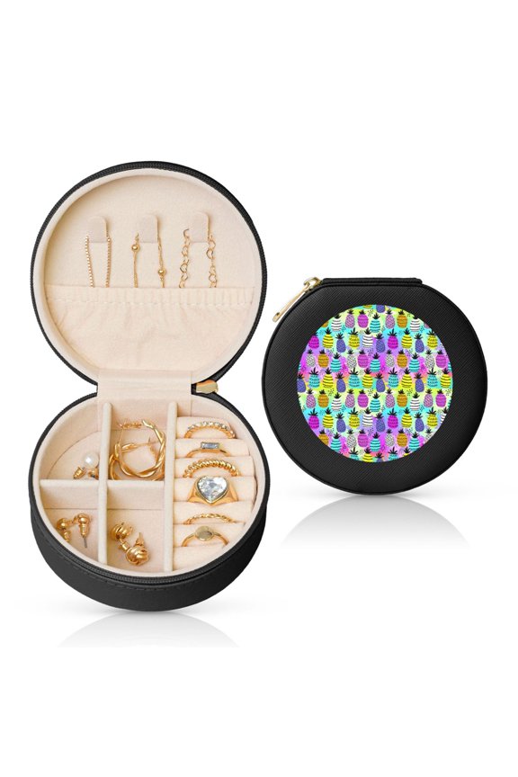 Graffiti Pineapples Round Jewelry Box, Travel Jewelry Organizer, 3.9 x 3.9 x 2in Jewelry Storage Box for Women-Black