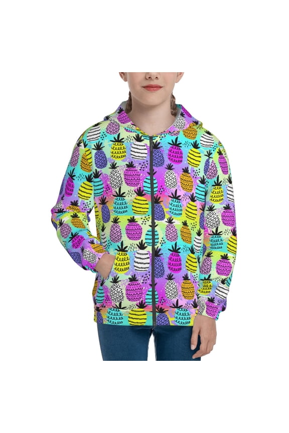 Graffiti Pineapples Teenage Zipper Hoodie, Long Sleeve Zip Up Hoodies Casual Jackets Tops for 7-12 Years-Small