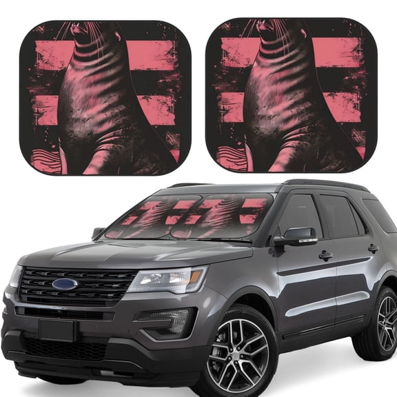 Naloa Graphic Seal On Stripes Print 2-Piece Windshield Sunshade,Foldable Car Front Window Sun Shades,for Most Sedans SUV Truck-Small