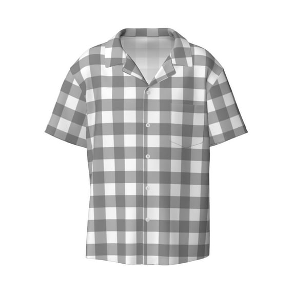 Naloa Gray Checkboard Men's Loose Fit Cuban Collar Short-Sleeve Shirt with Button-down and Chest Pocket for Everyday Wear Outings - Small