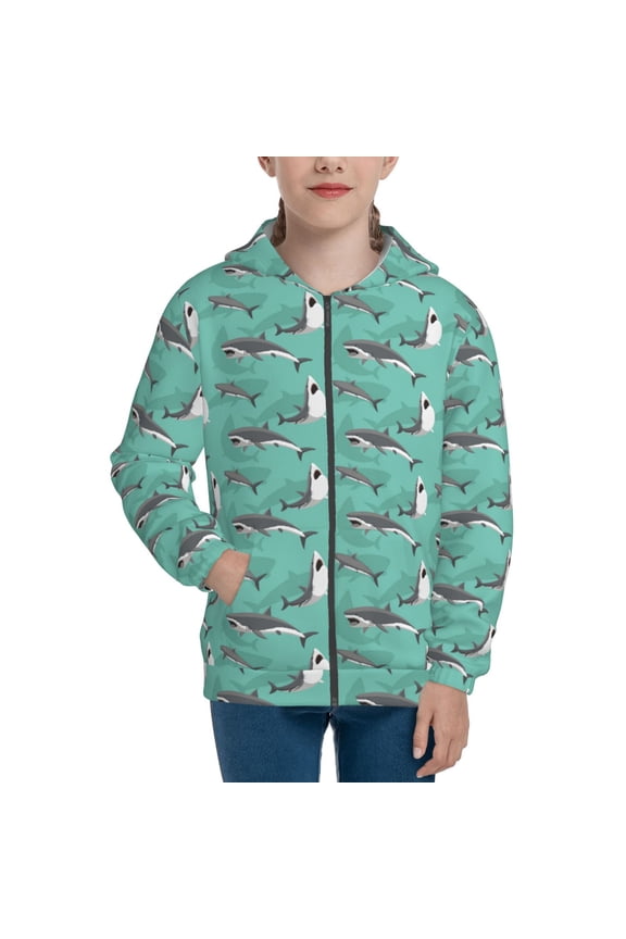 Great White Shark Teenage Zipper Hoodie, Long Sleeve Zip Up Hoodies Casual Jackets Tops for 7-12 Years-Small