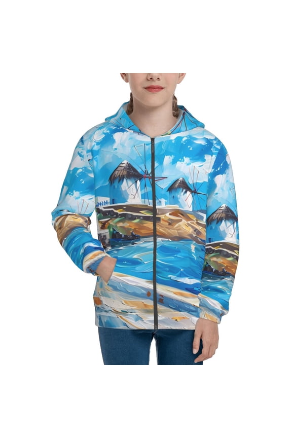 Greek Island Windmills Painting Teenage Zipper Hoodie, Long Sleeve Zip Up Hoodies Casual Jackets Tops for 7-12 Years-Medium