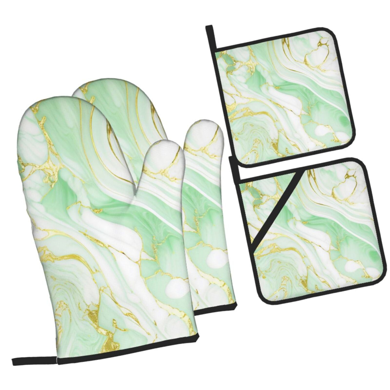 Naloa Green And Gold Abstract Marble Oven Mitts and Pot Holders 4 pcs Set, Cooking Baking Grilling Kitchen Oven Glove for Cooking