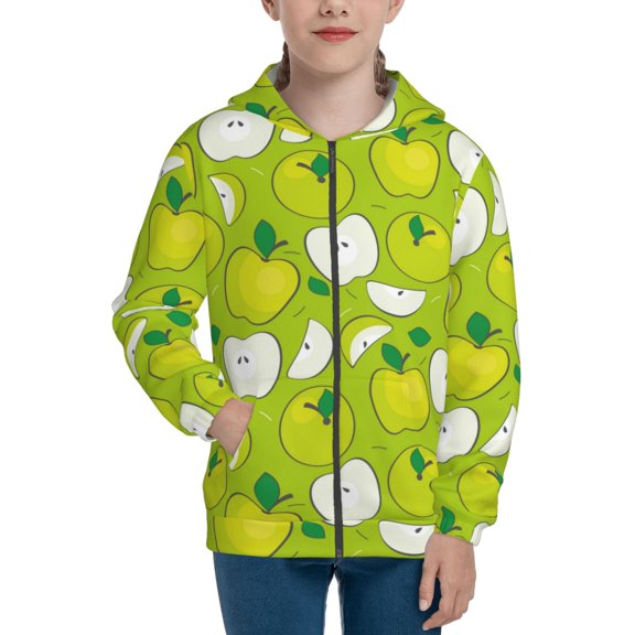 Naloa Green Apple Teenage Zipper Hoodie, Long Sleeve Zip Up Hoodies Casual Jackets Tops for 7-12 Years-Small