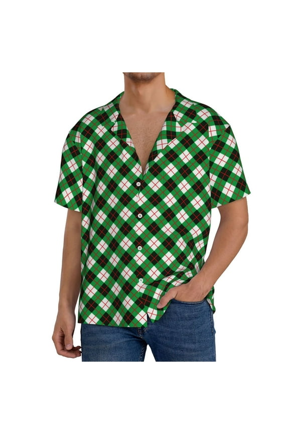 Green Argyle Plaid Men's Loose Fit Cuban Collar Short-Sleeve Shirt, Hawaiian Shirts, Mens Shirts Casual for Everyday Wear Outings-3X-Large