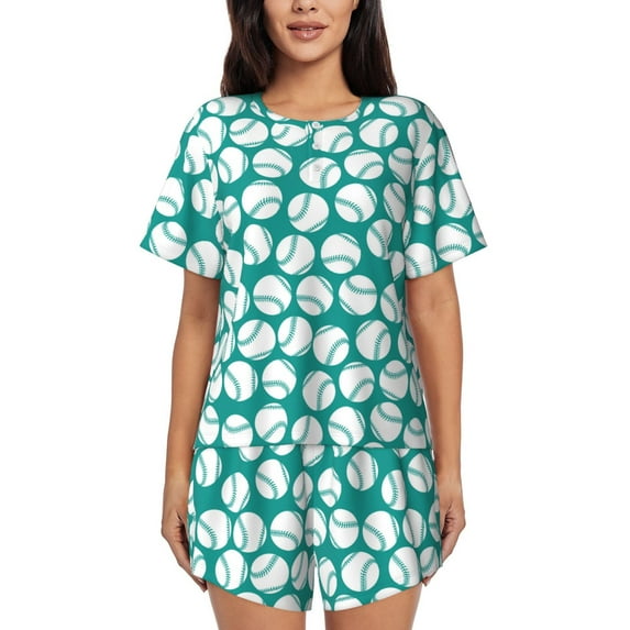Naloa Green Baseball Women's Short-Sleeved Pajama Set, Loungewear, Summer pajamas, Breathable Cozy - Large