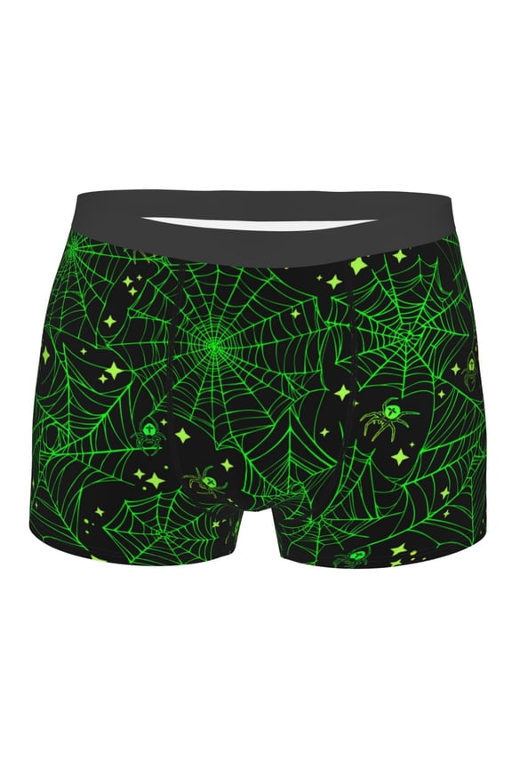 Green Bright Web with Spiders Print Mens Underwear - Boxers for Men, Classic Briefs for Men