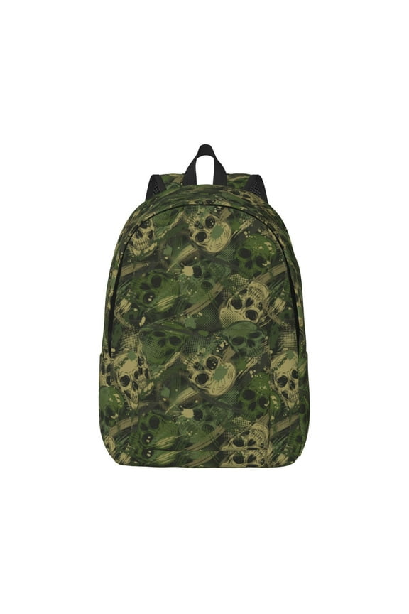 Green Camouflage Skull Canvas Backpack for Men Women Rucksack Casual Travel Daypack College Tote Satchel Bookbag for Teens-Small