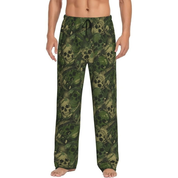 Naloa Green Camouflage Skull Pajama Pants Men, PJ Bottoms, Sleep & Lounge Pants-Small