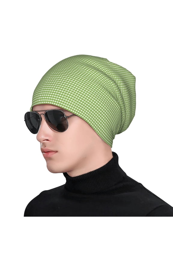 Green Gingham Soft Beanie Hat, Knit Beanie Daily Beanie in Fine Knit for Women Men Winter Travel, Outdoor