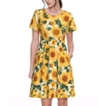 thumbnail image 1 of Naloa Green Leaf Sunflower Print Womens Summer A-Line Dress with Pockets,Short Sleeve Dresses,Flowy Beach Swing Dress for Vacation Travel, 1 of 6