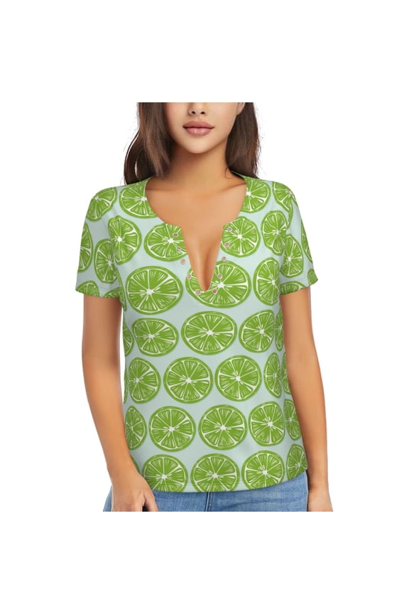 Green Lemon Slices Print T-Shirts Short Sleeve V Neck Tees for Women Fashion Tops Trendy Lightweight Soft Casual Summer Outfits Clothes