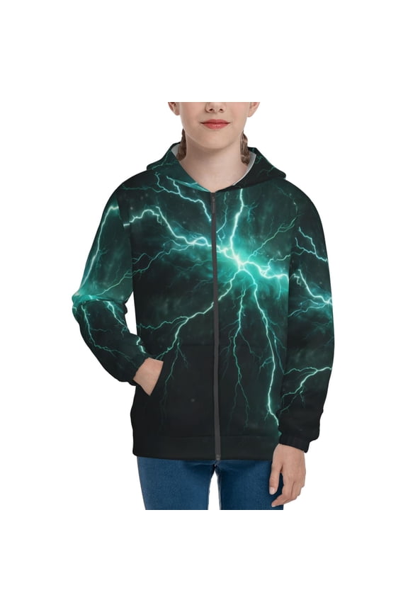 Green Lightning Flash Teenage Zipper Hoodie, Long Sleeve Zip Up Hoodies Casual Jackets Tops for 7-12 Years-Medium
