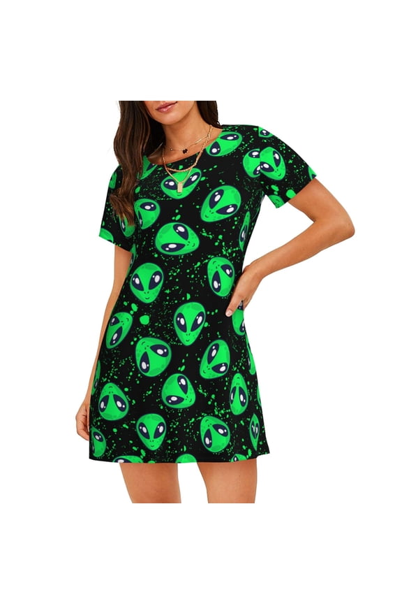 Green Monster Print Women Nightgowns,Womens Loungewear,Short Sleeve Sleepwear,Comfy Ladies Nightdress