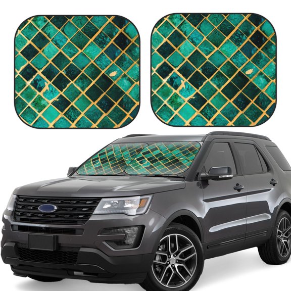 Naloa Green Mosaic Glass Print 2-Piece Windshield Sunshade,Foldable Car Front Window Sun Shades,for Most Sedans SUV Truck-Small