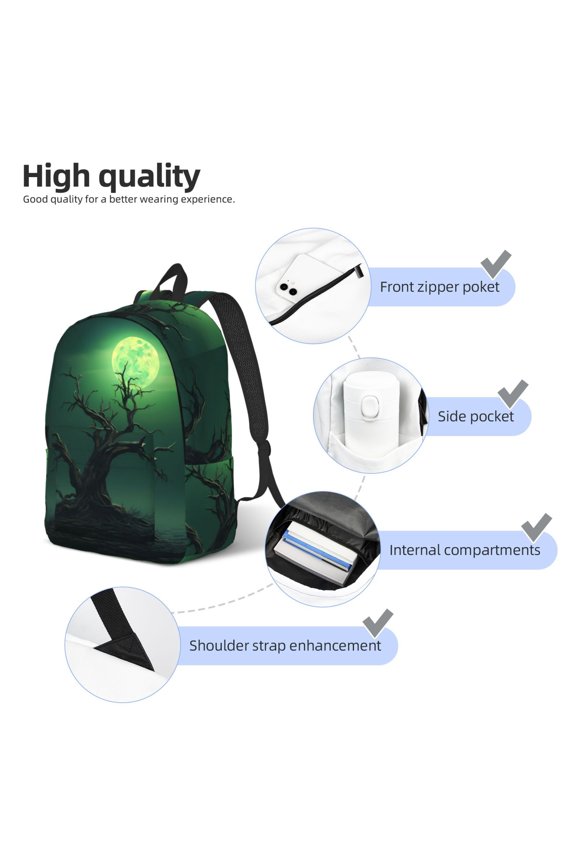 Green Night Sky Moon Branches Print Durable Canvas College Rucksack,Laptop Excursion Backpack,Travel Notebook School Backpack,Bookbag For Men Women