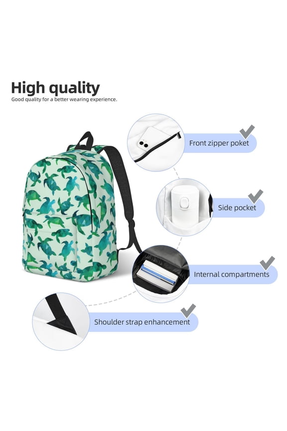 Green Sea Turtle Print Durable Canvas College Rucksack,Laptop Excursion Backpack,Travel Notebook School Backpack,Bookbag For Men Women