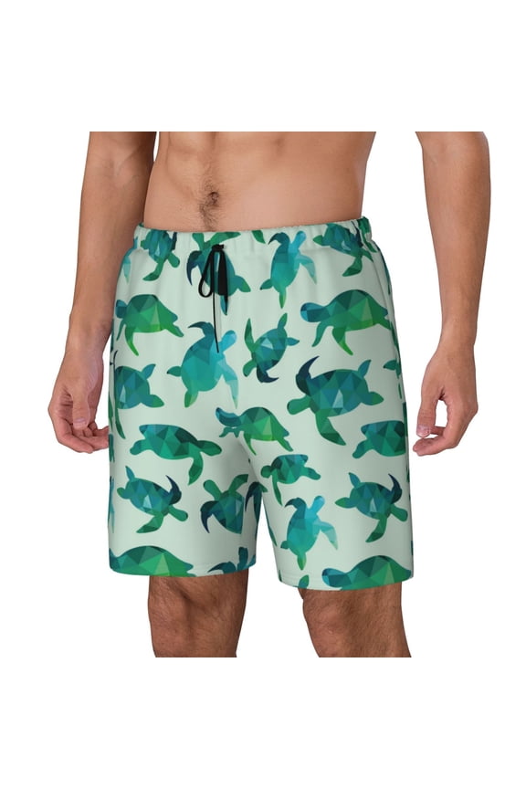 Green Sea Turtle Print Men Swim Trunks with Compression Liner ,Board Shorts,Men's Swim Shorts with Drawstring and Elastic Waistband-3X-Large