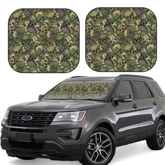 Naloa Green Skulls 2 Piece Foldable Car Sun Shades, Car Windshield Sunshade, Front Window Sunshade for Car, Truck, SUV - Small