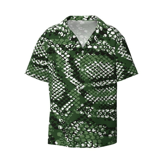 Naloa Green Snakeskin Men's Loose Fit Cuban Collar Short-Sleeve Shirt with Button-down and Chest Pocket for Everyday Wear Outings - Small