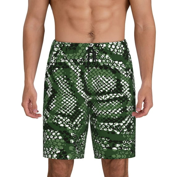 Naloa Green Snakeskin Men's Short Pajama Pants, Lounge Comfort Shorts with Elasticized Waistband and Side Pockets - Large