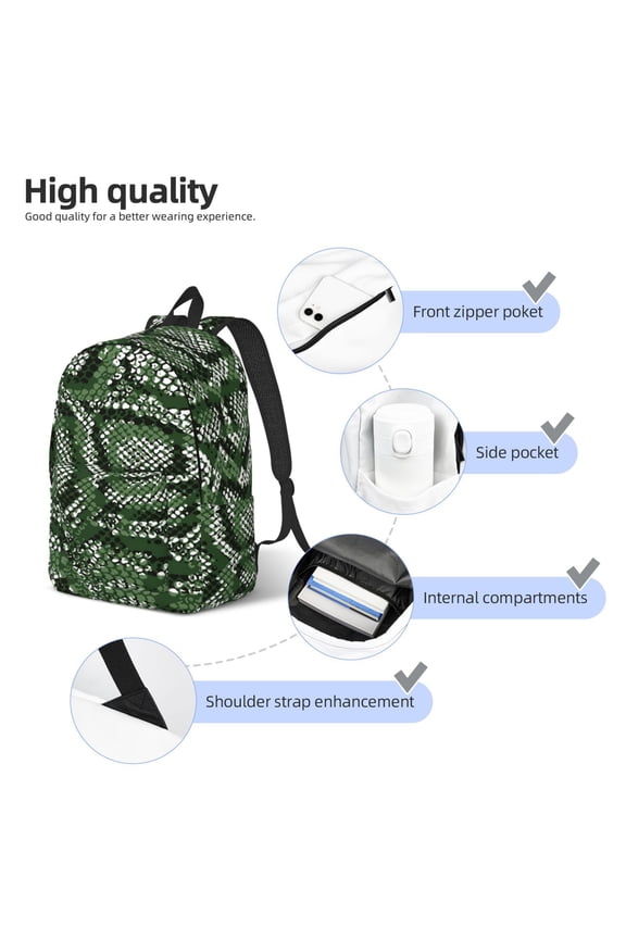 Green Snakeskin Print Durable Canvas College Rucksack,Laptop Excursion Backpack,Travel Notebook School Backpack,Bookbag For Men Women
