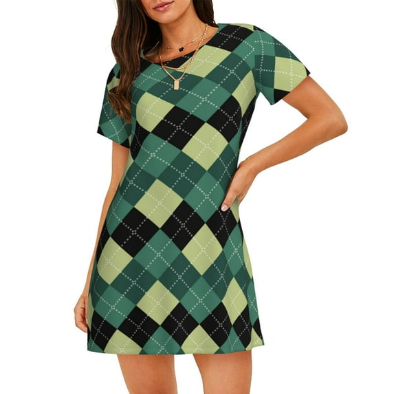 Naloa Green Squares Print Women Nightgowns,Womens Loungewear,Short Sleeve Sleepwear,Comfy Ladies Nightdress