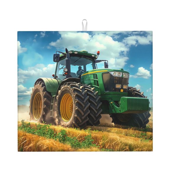 Naloa Green Tractor Field Dish Drying Mat for Kitchen Counter, Heat Resistant Drainer Mats, Absorbent Draining Mat,Dish Rack Pad,16"x18"