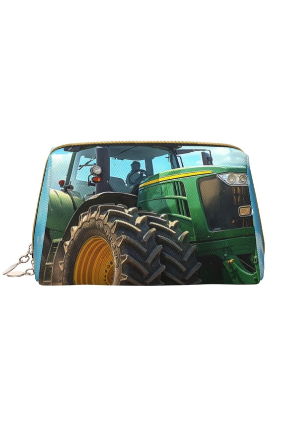 Green Tractor Field Leather Makeup Bag for Purse Travel, Portable Small Cosmetic Organizer for Women and Girls, Make up Bag with Zipper