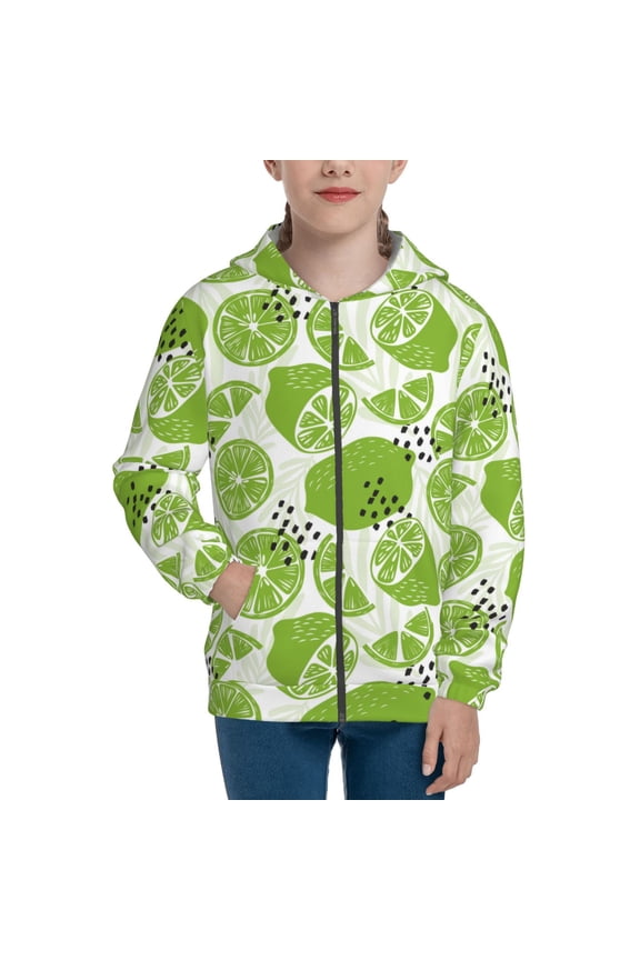 Green Various Lemons Teenage Zipper Hoodie, Long Sleeve Zip Up Hoodies Casual Jackets Tops for 7-12 Years-Medium