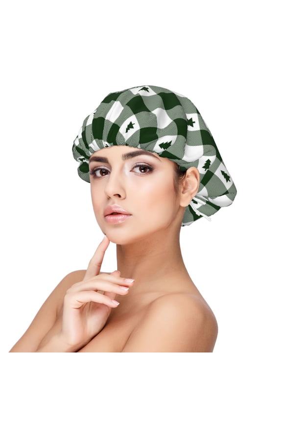 Green White Christmas Tree Lumberjack Plaid Adjustable Hair Bonnet for Sleeping, Hair Wrap Sleep Cap Turban for Women Men, Curly Straight Hair Long Large Braid Unisex