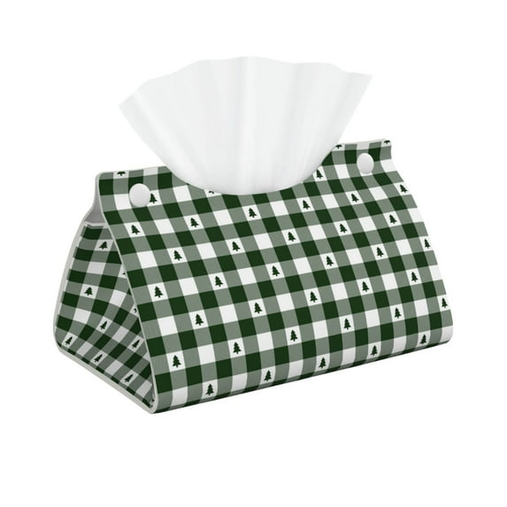 Naloa Green White Christmas Tree Lumberjack Plaid Print Leather Tissue Box Cover Rectangle | Long Tissue Box Cover | Tissue Box Holder | Tissue Holder for Bathroom