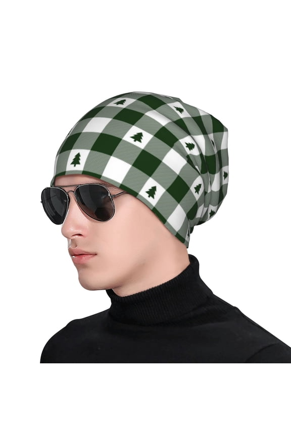 Green White Christmas Tree Lumberjack Plaid Soft Beanie Hat, Knit Beanie Daily Beanie in Fine Knit for Women Men Winter Travel, Outdoor