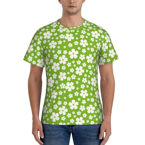 Naloa Green White Flowers Men's T-Shirt Sport T-shirt Men's Basic Tee Casual Men's Shirt, Round Neck, Short Sleeves - X-Large