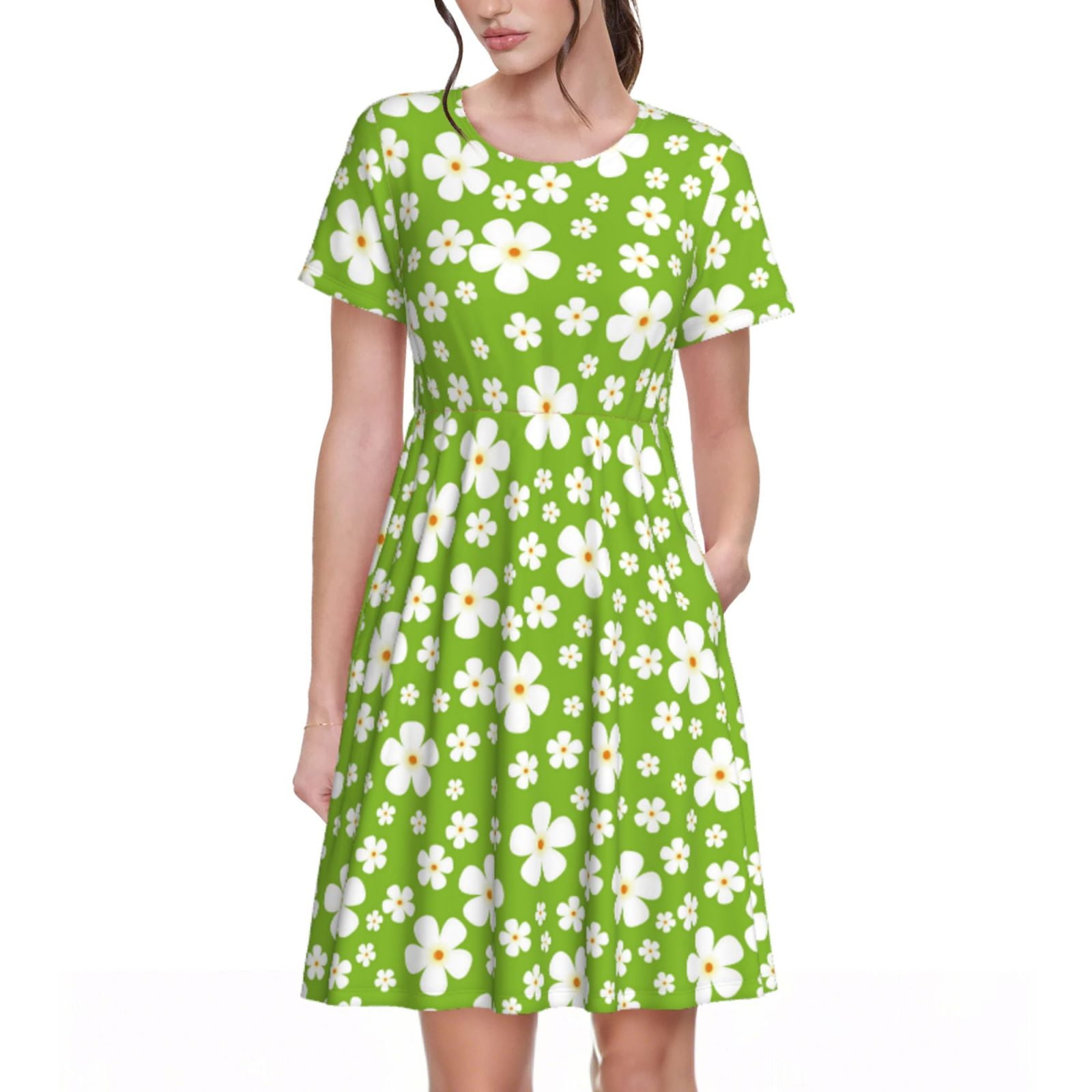 Naloa Green White Flowers Print Womens Summer A-Line Dress with  Pockets,Short Sleeve Dresses,Flowy Beach Swing Dress for Vacation Travel