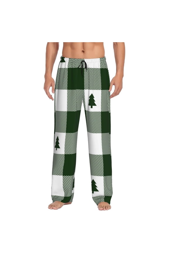 Green White Lumberjack Plaid Pajama Pants Men, PJ Bottoms, Sleep & Lounge Pants-Medium