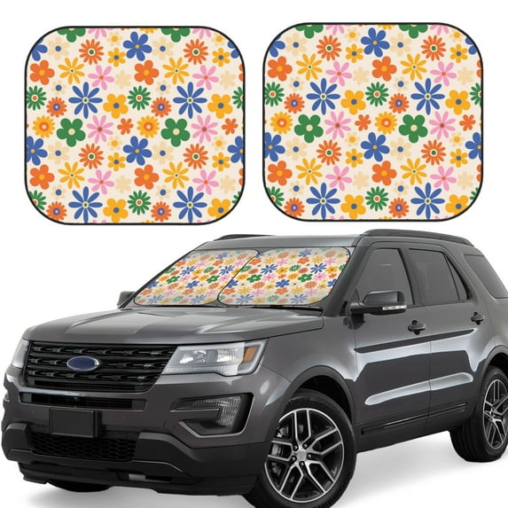 Naloa Groovy Daisy Flowers 2 Piece Foldable Car Sun Shades, Car Windshield Sunshade, Front Window Sunshade for Car, Truck, SUV - Large