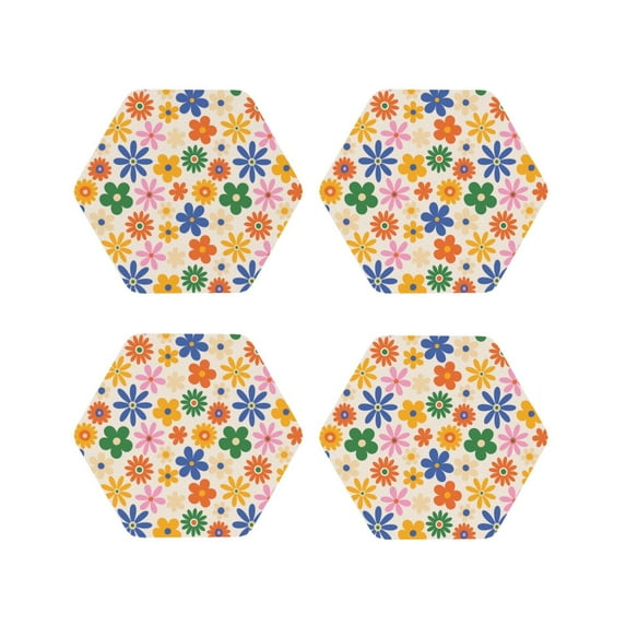 Naloa Groovy Daisy Flowers Leather Coasters for Drinks, Durable Drink Coasters 4 Set for Tabletop Protection, Luxurious Home Décor and Housewarming Gift ( {designName})Hexagon