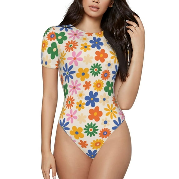 Naloa Groovy Daisy Flowers Women's Short-Sleeved Onesie, One-Piece Swimsuit for Parties, dates, clubs - Small