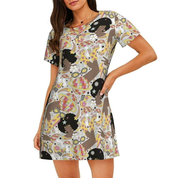 Naloa Groovy Disco Print Women Nightgowns,Womens Loungewear,Short Sleeve Sleepwear,Comfy Ladies Nightdress
