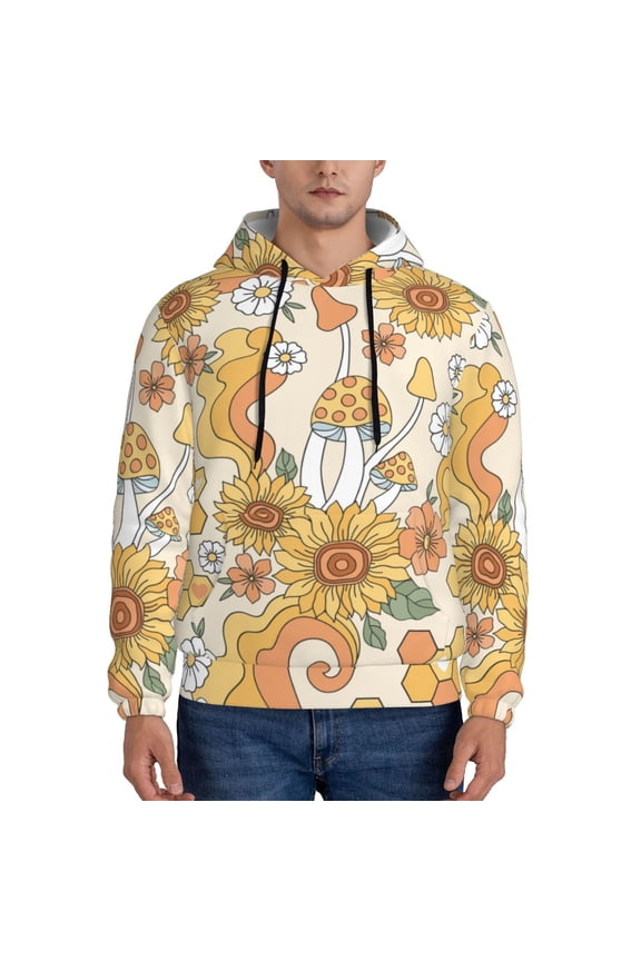 Groovy Hippie Flower Mushrooms Men's Casual Hooded Collar Drawstring Hoodies Pullover Sweatshirts Casual Long Sleeve Shirts-Medium