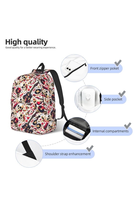 Guitar Skull rock Print Durable Canvas College Rucksack,Laptop Excursion Backpack,Travel Notebook School Backpack,Bookbag For Men Women