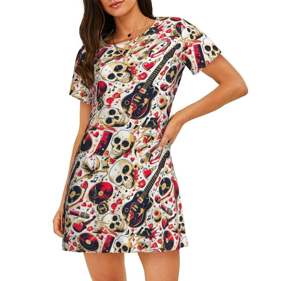 Naloa Guitar Skull rock Print Women Nightgowns,Womens Loungewear,Short Sleeve Sleepwear,Comfy Ladies Nightdress