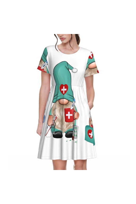 Guomei doctor Print Womens Summer A-Line Dress with Pockets,Short Sleeve Dresses,Flowy Beach Swing Dress for Vacation Travel