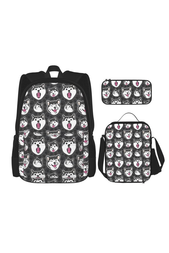 Husky Print Large Capacity Backpack Lunch Bag Pencil Case Combination 3 Piece Set for Student