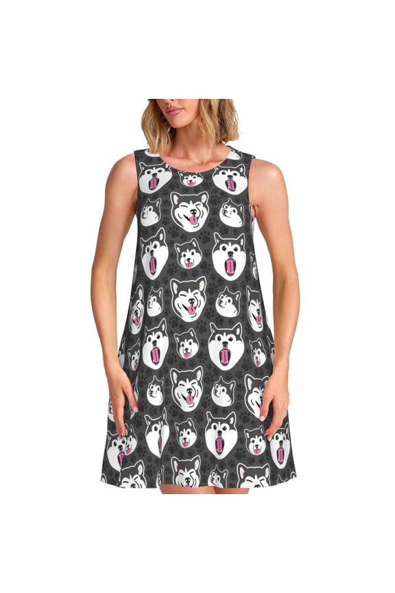 HUSKY Face Print Women's Summer Spring Casual Beach Sundress,Vacation Sleeveless Tank Crewneck Loose Dresses