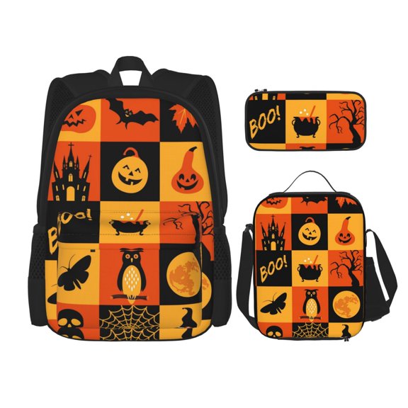 Naloa Halloween Banner Symbols Print Large Capacity Backpack Lunch Bag Pencil Case Combination 3 Piece Set for Student
